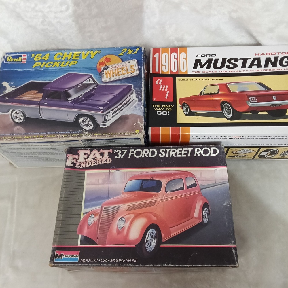 Vintage Model Car Kit Lot Revell 64 Chevy AMT 66 Mustang Monogram 37 Ford Rod